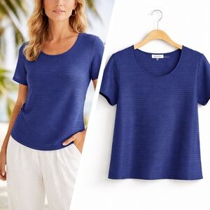 CALVIN KLEIN Navy Ribbed Top XL Stretch Lightweight Travel Coastal Minimalist